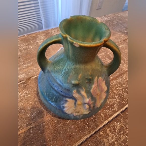 Roseville Green Cosmos Vase Pottery Art Decor Floral Ceramic Double Handle - Picture 4 of 8